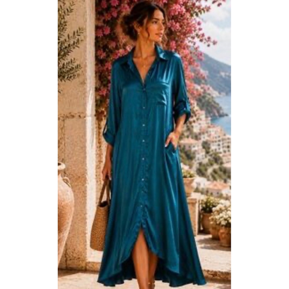 YFB Young Fabulous & Broke Teal Satin Maxi Shirt Dress Button Front Pockets M